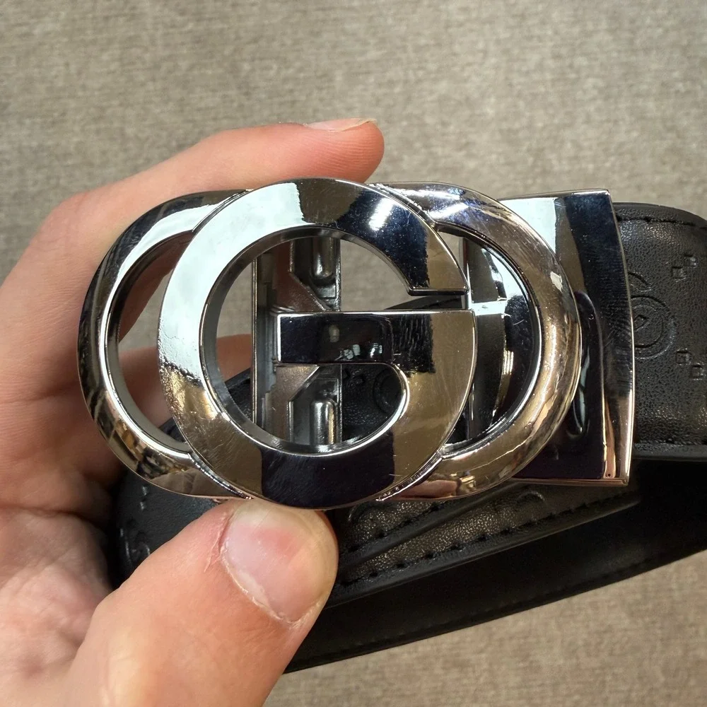 Men's Ratchet Designer Black Leather Belts with Automatic Silver G Letter Buckle